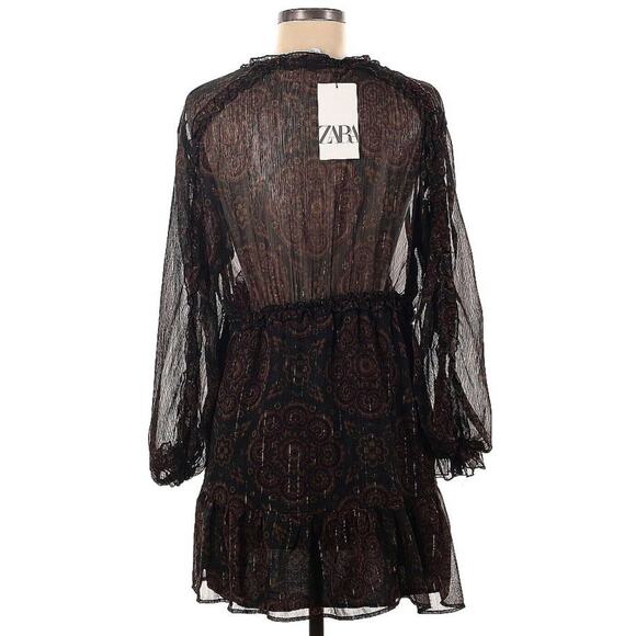 NWT ZARA Black Floral Ruffled Mini Skater Dress Metallic Striping Sz Medium - Picture 9 of 9